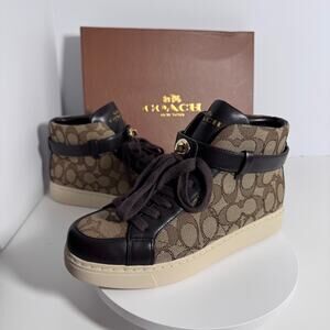 Coach Ray Outline Signature High Top Sneakers brown Canvas Leather 6.5 NIB